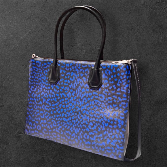 Michael Kors Mercer Black Blue Leopard Leather Tote - Picture 3 of 13